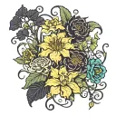 Carnation, daffodil, daisy, water lily, poppy, chrysanthemum, poinsettia flowers with vines and Medusa tattoo design idea