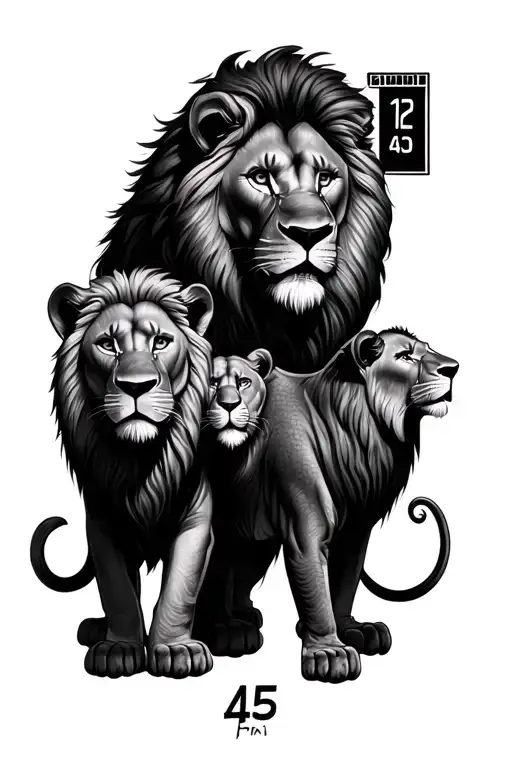 A family of three lions with the big bad lion who protects his family as well as a clock which indicates 3:45 pm. tattoo design idea