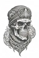 Create a biker skull wearing a Harley Davidson bandana surrounded by flames tattoo design idea