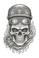 Create a biker skull wearing a Harley Davidson bandana surrounded by flames tattoo design idea