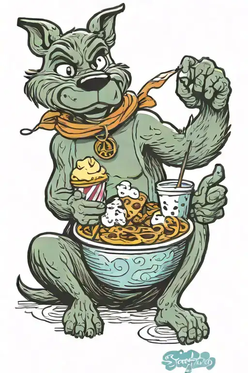 Scooby Doo eating a tub of ice cream and Gizmo (from gremlins) eating a slice of pizza together, with the art being trad tattoo design idea