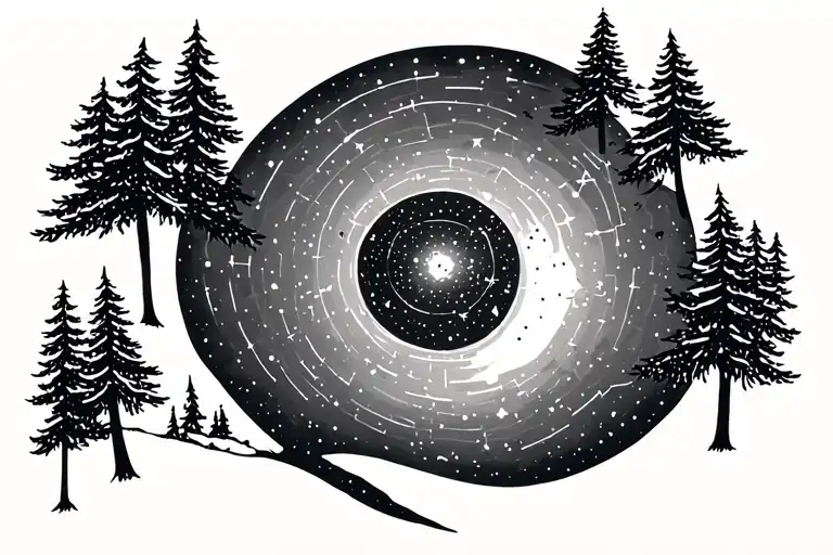 pine trees, circle, pulsar map, big dipper constellation tattoo design idea