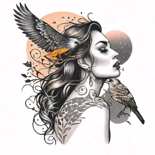 A starry night but a pink sky at dawn, a beautiful orange bird and a beautiful woman's face but looking sideways but the tattoo design idea