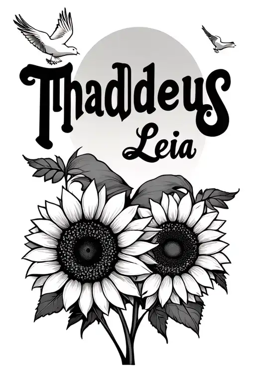 "Thaddeus Leia" Two baby outlines, sunflowers and a dove flying.  tattoo design idea