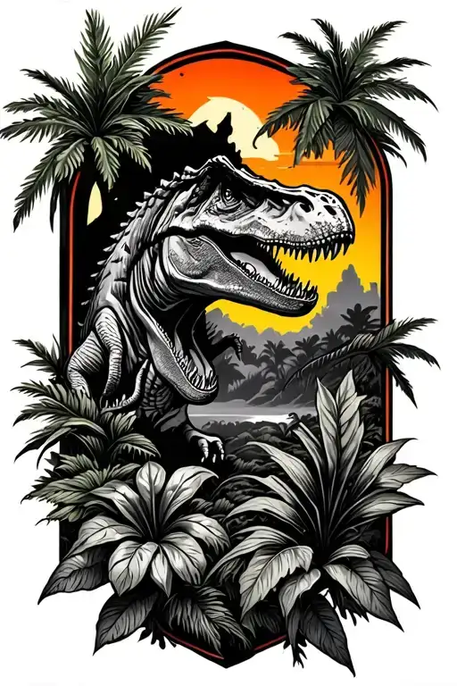 jurassic park style tattoo with a few plants and palms, a T-rex and the sky encased in amber tattoo design idea
