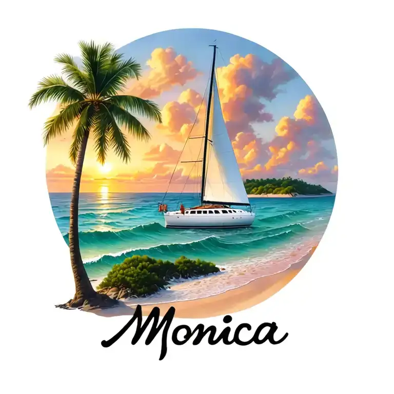 "Monica" "Monica" "Monica" "Monica" white catamaran sailing, sunrise, small island palm, ocean beach outside of circle at bottom tattoo design idea