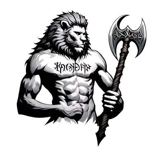 shirtless lion headed man with norse letters on his chest, and the leviathan axe in his right hand tattoo design idea
