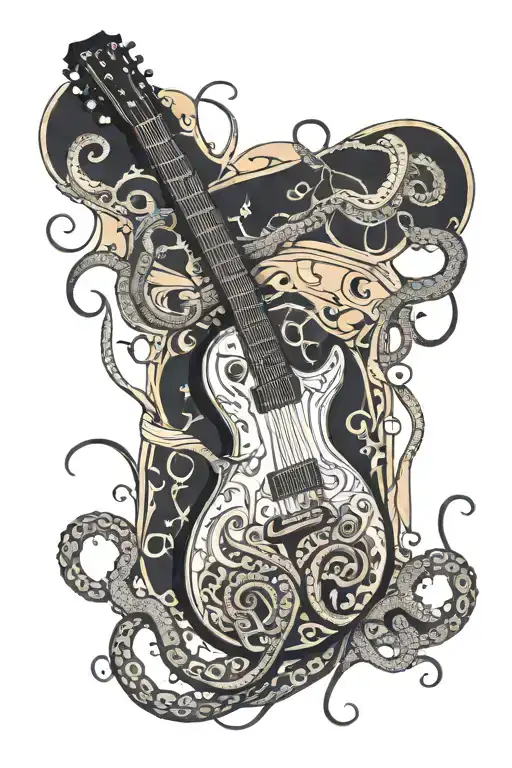 octopus wrapping its tentacles around a guitar transforming tattoo design idea