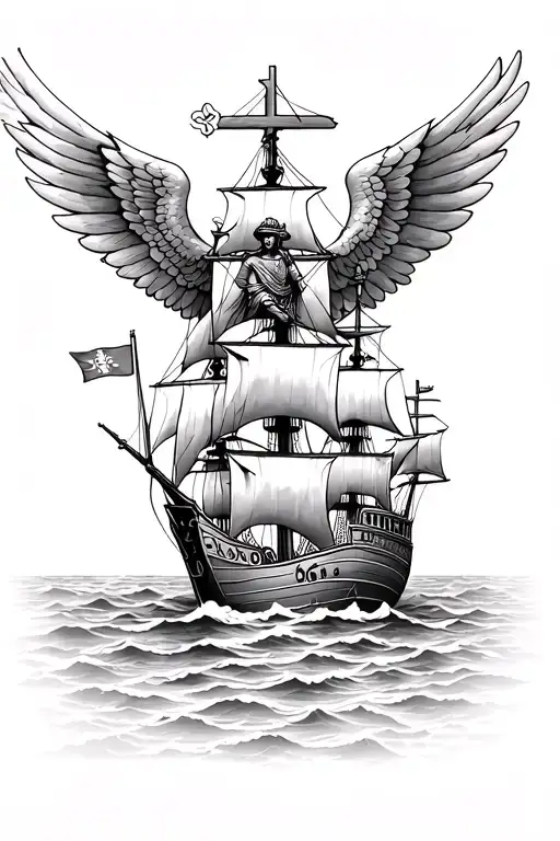 Ecuadorian inca with catholic ángel wings spread open over 2 ships with Spaniard flags for shoulder and upper arm tattoo design idea