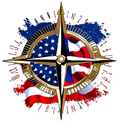  A compass rose. surrounded by the US flag, the Panamanian flag, Texas flag and Arkansas flag tattoo design idea