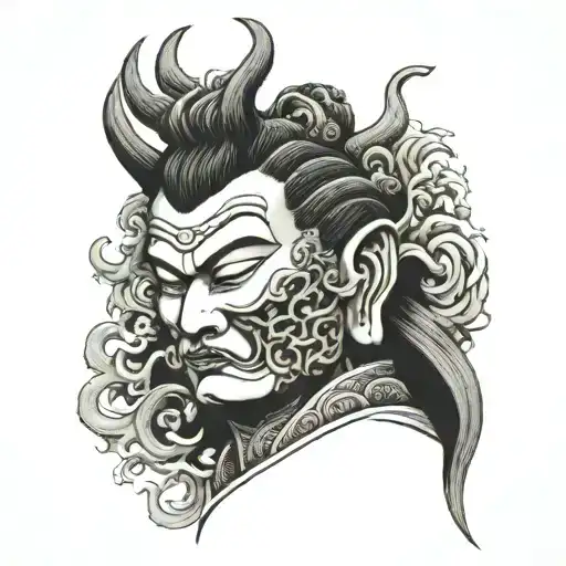 half buddha half devil face morphing tattoo design idea