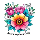 Make a tattoo design that has my grandbaby names Amora Wynter, Ortiz at the bottom big add flowers hearts and color no a tattoo design idea