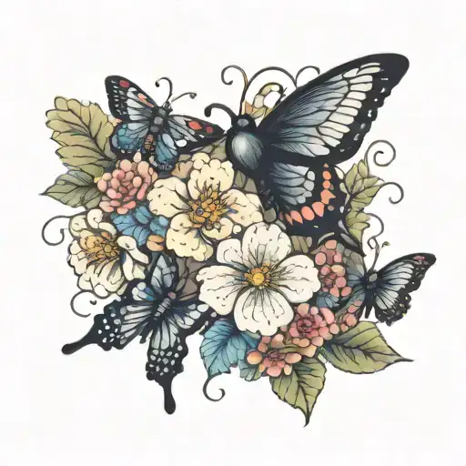 Name, flowers , butterflies,  bees tattoo design idea
