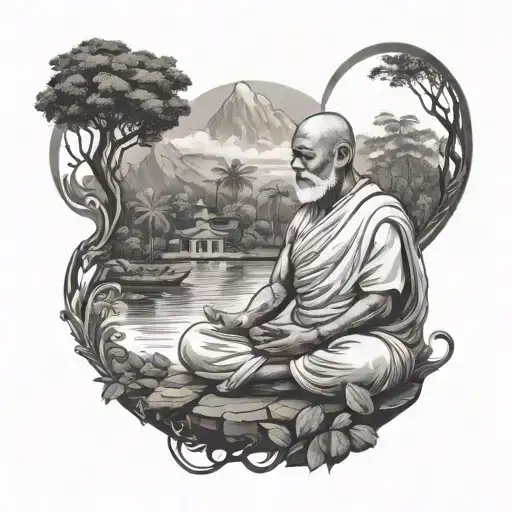 A serene scene of a meditating Jain monk surrounded by nature elements tattoo design idea