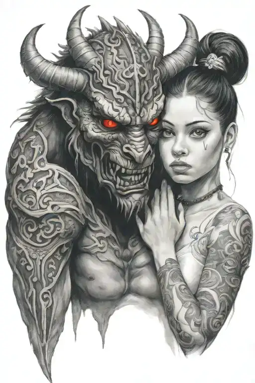 a girl soothing a sad demon beast with red eyes tattoo design idea