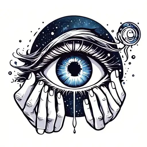 eye with a tear and hands holding galaxy tattoo design idea
