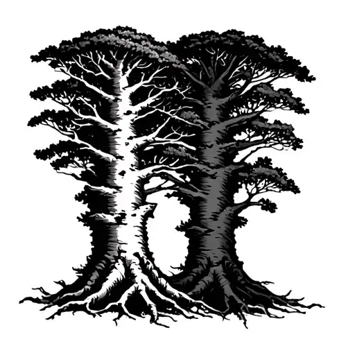 ancient alder trees- one pale, one dark - bound together at their branches and roots tattoo design idea