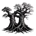 ancient alder trees- one pale, one dark - bound together at their branches and roots tattoo design idea