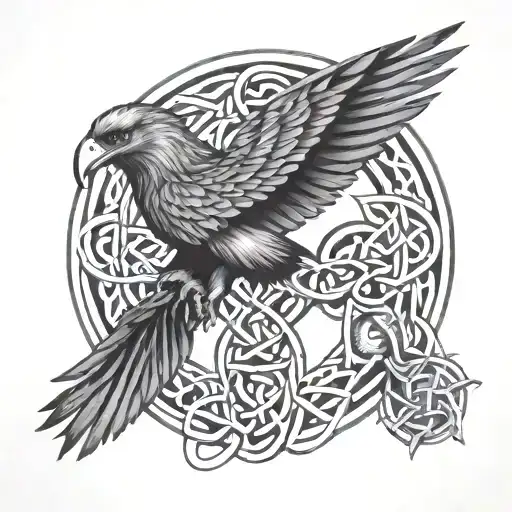 celtic knotwork, infinity symbols in center, indigenous humminbird eagle and raven tattoo design idea