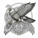 celtic knotwork, infinity symbols in center, indigenous humminbird eagle and raven tattoo design idea
