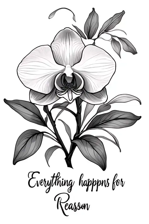 elegant softly shaded orchid, flowing leaves, and the phrase “Everything happens for a reason”  tattoo design idea