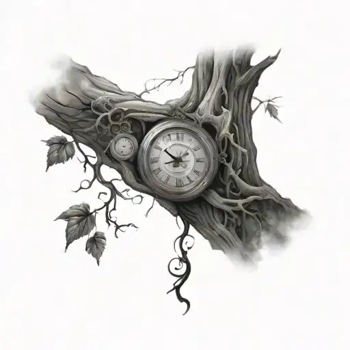 full sleeve tattoo. top half is a tree holding a clock. bottom half along forearm references Gemini and family  tattoo design idea
