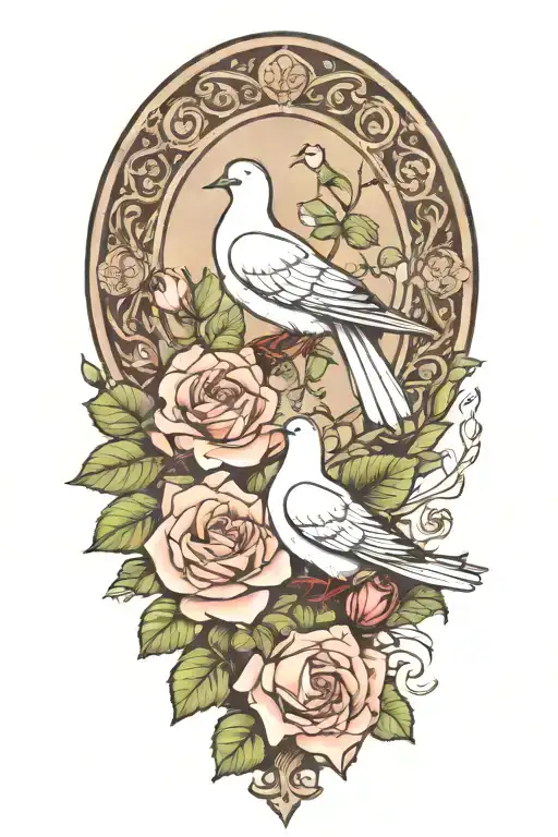 wreath of roses and a seated dove tattoo design idea
