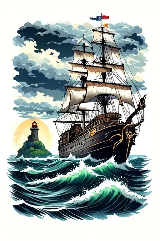 A ship at the top of tattoo with a skull island in the middle in rough seas. with a lighthouse lit up and a octopus tattoo design idea