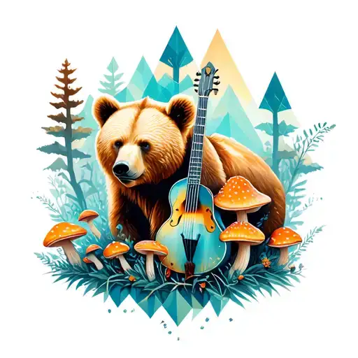 A female bear surrounded by geometric forest and amanita mushrooms with bluegrass instruments  tattoo design idea