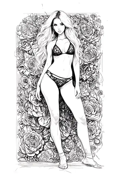 Sexy girl, petite, small boobs, wide hips, bikini . long hair,sexual. Seductive. Full Body, standing with legs and feet tattoo design idea