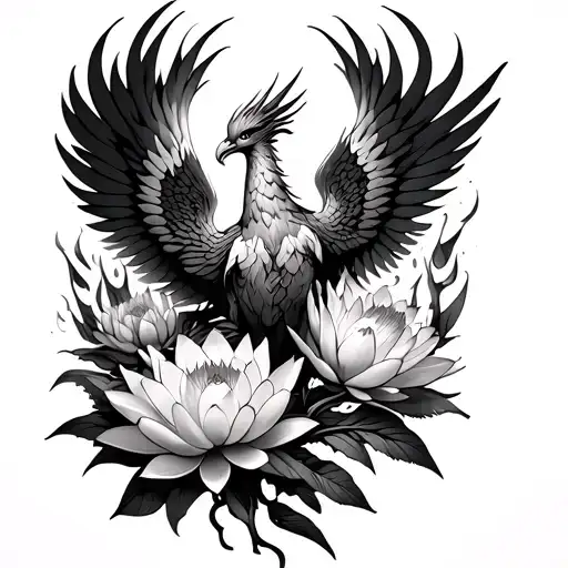 phoenix on fire, bloomed lotus flower, 5 unbloomed lotus flowers growng,2sets of wings,5 wild flowers tattoo design idea