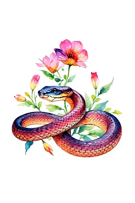 2 snakes with flowers wrapped tattoo design idea