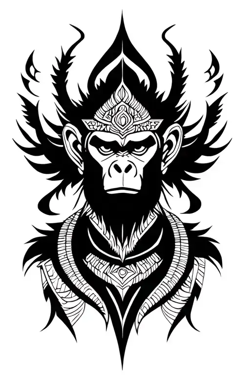 Highly detailed black and white modern linework tattoo design of Phaya Phali, the monkey king from the Ramakien epic, de tattoo design idea