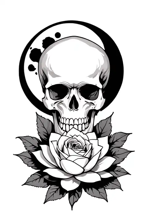 design a tattoo that has a skull with a full moon behind it, that has a lotus and a rose tattoo design idea