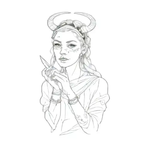 A devil girl in a headscarf with a long braid and a halo behind her head with pointed ears raises two fingers up holding tattoo design idea