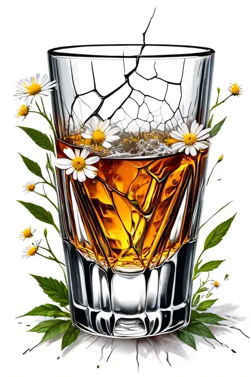 broken whiskey glass with cracks and small flowers growing from cracks tattoo design idea