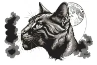 full neck tattoo of a cat looking sideways with the full moon behind and black lines in the background and orange clouds tattoo design idea