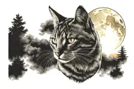 full neck tattoo of a cat looking sideways with the full moon behind and black lines in the background and orange clouds tattoo design idea