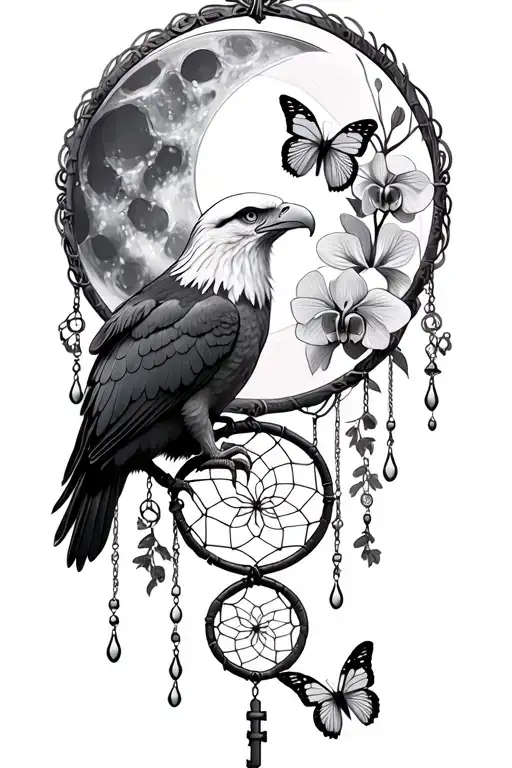 bald eagle hourglass moon dream catcher  orchids and butterflies. nature tears and protection of children lock and key  tattoo design idea