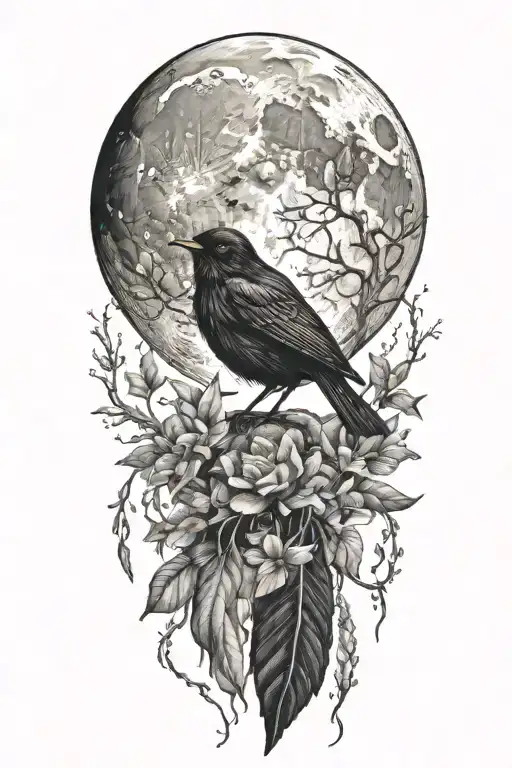 realistic moon and blackbird  tattoo design idea