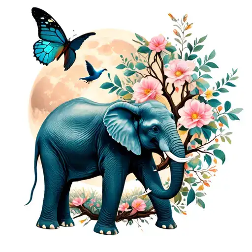 elephant, flowers, dove, butterfly, and tree of life, moon background tattoo design idea