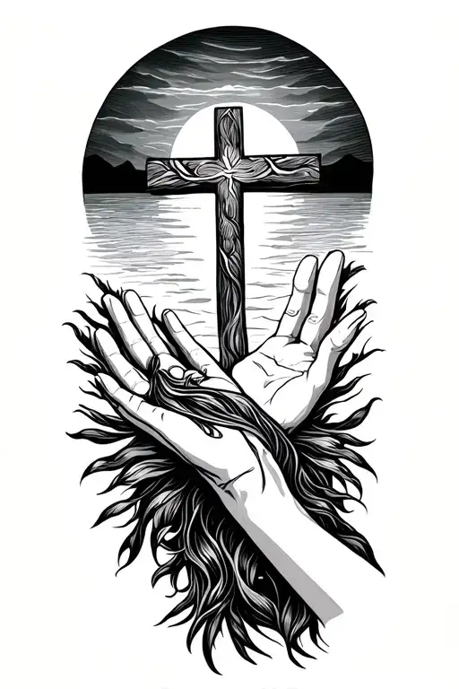 sunset background moms hand reaching down my hand reaching up towards hers with cross in the middle of hands tattoo design idea
