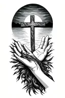sunset background moms hand reaching down my hand reaching up towards hers with cross in the middle of hands tattoo design idea