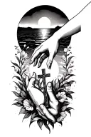 sunset background moms hand reaching down my hand reaching up towards hers with cross in the middle of hands tattoo design idea