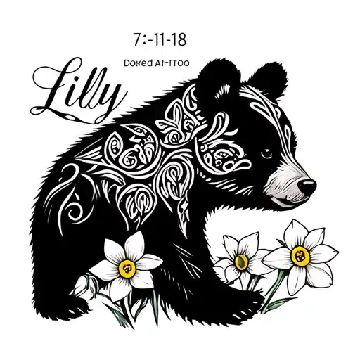 "Lilly 7-11-18" daffodils around baby bear tattoo design idea