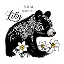 "Lilly 7-11-18" daffodils around baby bear tattoo design idea