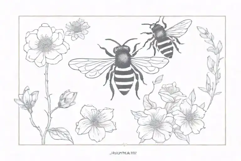 bee flying with January, July, April and December birth flower tattoo design idea
