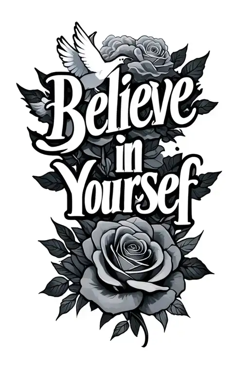 "Believe in yourself " roses, dove, clouds surrounding tattoo design idea