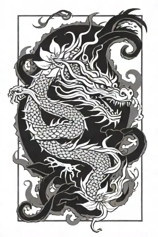 vietnamese dragon, fire and lotus flower tattoo design idea