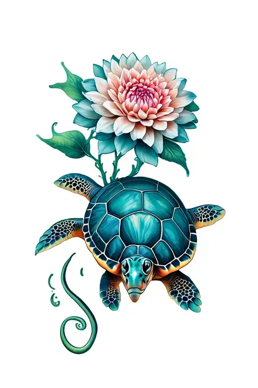 seaturtle with dahlia flower tattoo design idea
